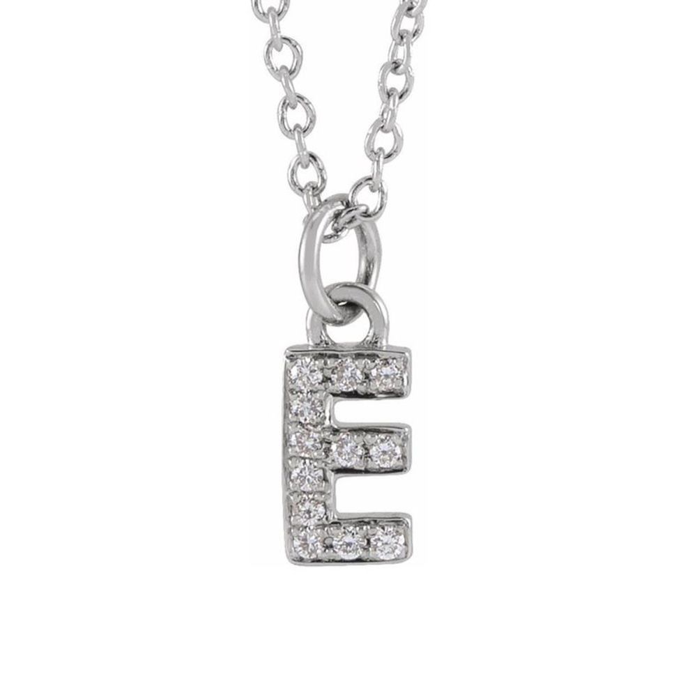 14K White Gold .04 CTW Diamond Tiny Initial E Necklace, 16-18 Inch